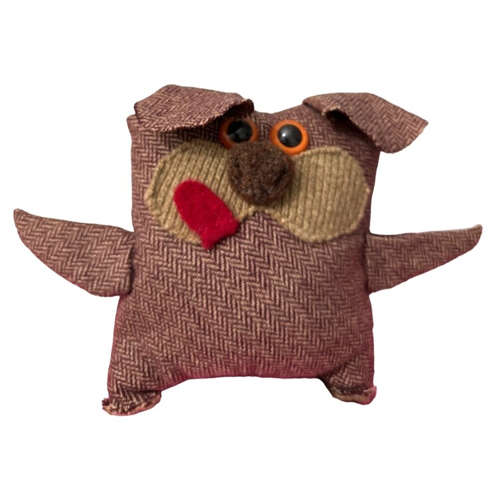 Handmade Dog Plush Toy Brown Herringbone Pattern & Button Eyes 8.5 in Vintage - Picture 7 of 9